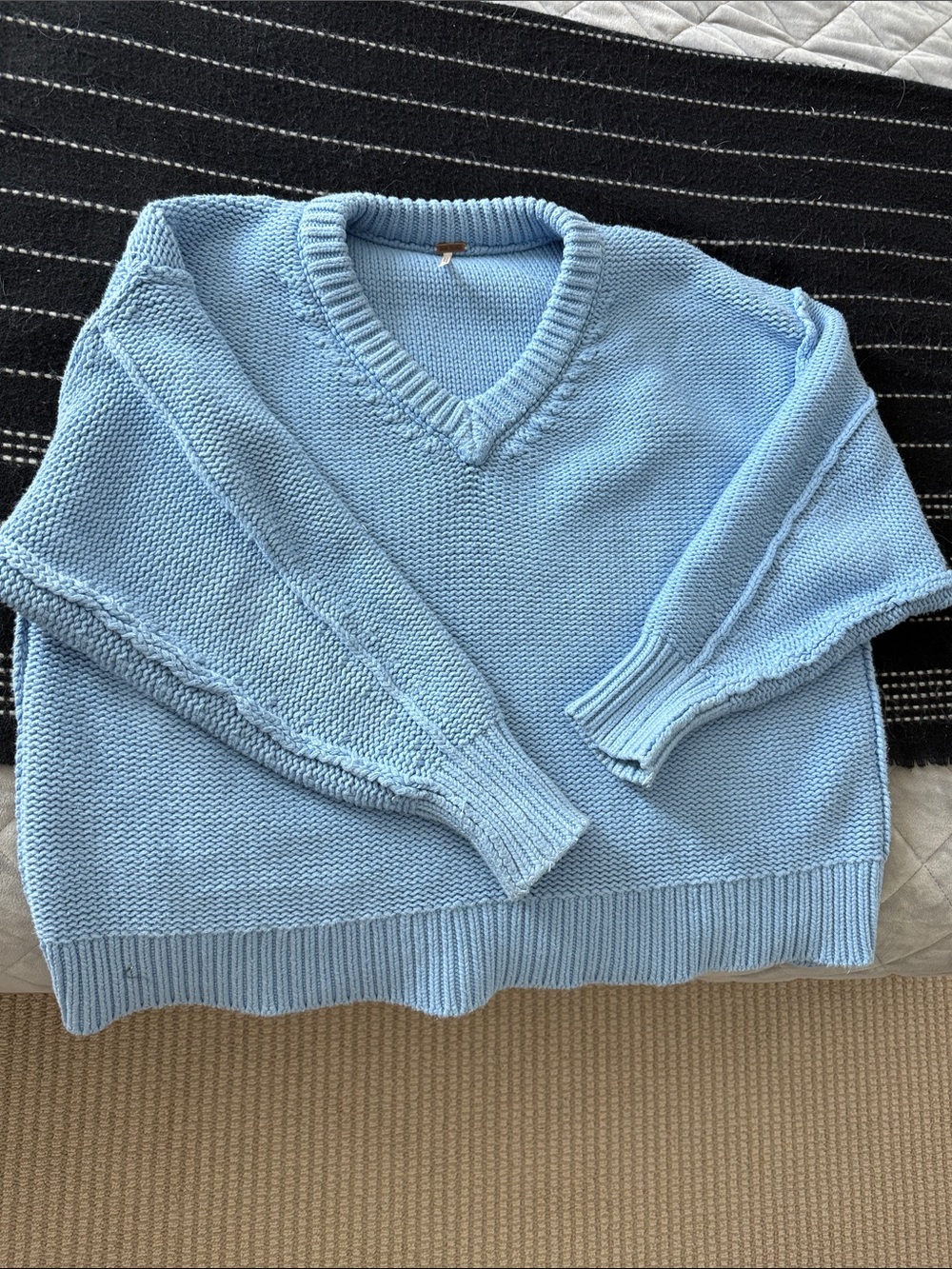 Free People Light Blue V-Neck Knit Sweater